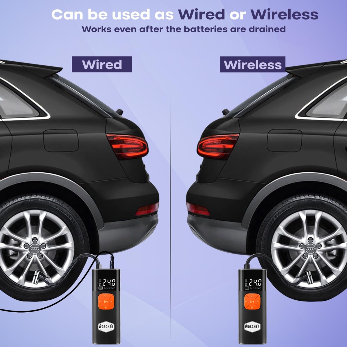 Woscher i6 2in1 Cordless Tyre Inflator for Car & Bike |150 PSI Wireless Tyre Inflator | Digital Display | Air Pump Compressor for Car,Bikes,Bicycles & Balls | Type-C| Auto Shut-Off | From Datson Group