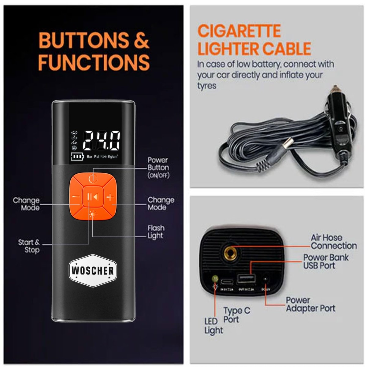 Woscher i6 2in1 Cordless Tyre Inflator for Car & Bike |150 PSI Wireless Tyre Inflator | Digital Display | Air Pump Compressor for Car,Bikes,Bicycles & Balls | Type-C| Auto Shut-Off | From Datson Group