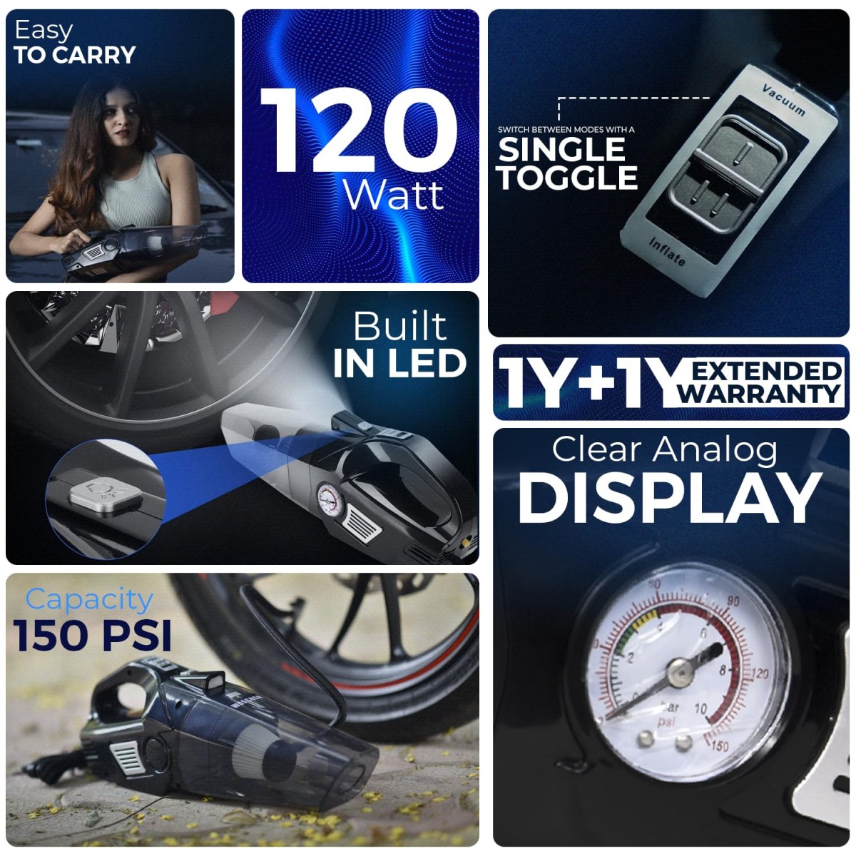 Woscherr 578 Tyre Inflator & Car Vacuum Cleaner 2 in 1, DC12V|150 PSI Air Pump for Car Tyre|120 Watt Car Vacuum Cleaner High Power 5500PA Handheld & LED Light, Long Power Chord for Wet/Dry Use