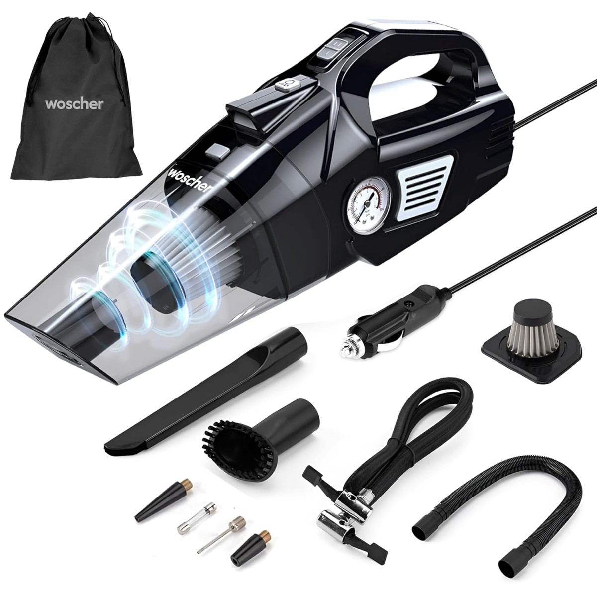 Woscherr 578 Tyre Inflator & Car Vacuum Cleaner 2 in 1, DC12V|150 PSI Air Pump for Car Tyre|120 Watt Car Vacuum Cleaner High Power 5500PA Handheld & LED Light, Long Power Chord for Wet/Dry Use