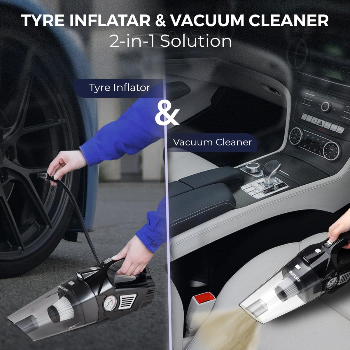 Woscherr 578 Tyre Inflator & Car Vacuum Cleaner 2 in 1, DC12V|150 PSI Air Pump for Car Tyre|120 Watt Car Vacuum Cleaner High Power 5500PA Handheld & LED Light, Long Power Chord for Wet/Dry Use