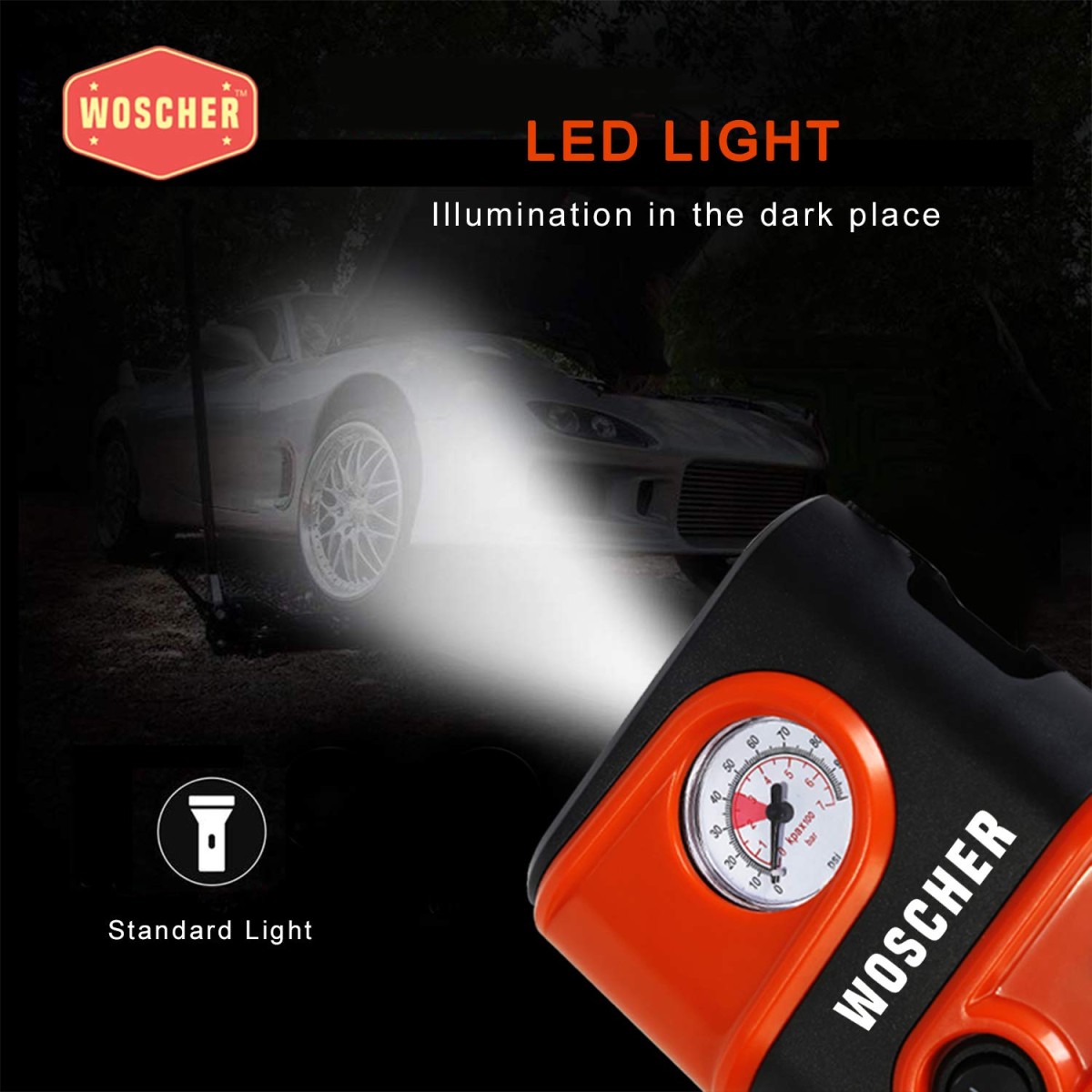 Woscherr Tyre Inflator for Car - 110 psi, 12V DC Portable Air Pump/Compressor with Analog Tyre Pressure Gauge, for Car, Bikes, Bicycles or Any Inflatable with LED Light| 2 Years Warranty