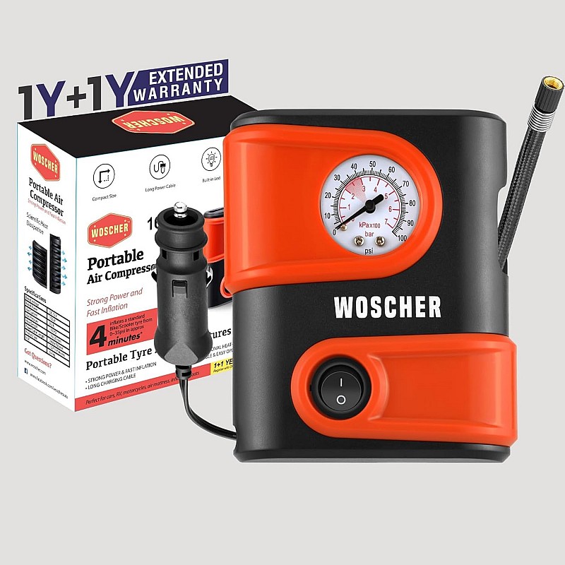 Woscherr Tyre Inflator for Car - 110 psi, 12V DC Portable Air Pump/Compressor with Analog Tyre Pressure Gauge, for Car, Bikes, Bicycles or Any Inflatable with LED Light| 2 Years Warranty