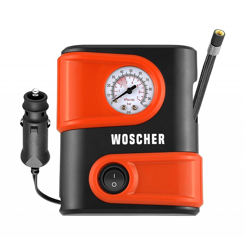 Woscherr Tyre Inflator for Car - 110 psi, 12V DC Portable Air Pump/Compressor with Analog Tyre Pressure Gauge, for Car, Bikes, Bicycles or Any Inflatable with LED Light| 2 Years Warranty