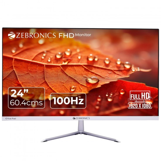 ZEBRONICS A24FHD LED Monitor, 24 inch (60.96cm), 250 nits, 100Hz, Slim Design, FHD, 1080p, Wall Mountable, HDMI, VGA, Ultra Slim Bezel, Metal stand, Built-in Speakers