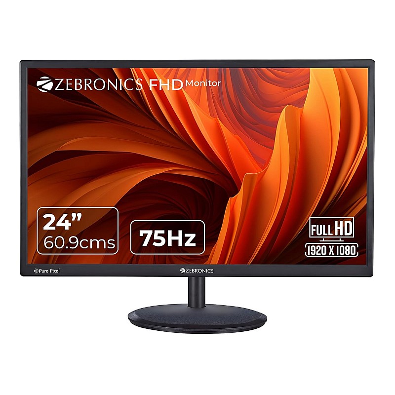 ZEBRONICS A24FHD LED Monitor, 24 inch (60.96cm), 250 nits, 100Hz, Slim Design, FHD, 1080p, Wall Mountable, HDMI, VGA, Ultra Slim Bezel, Metal stand, Built-in Speakers