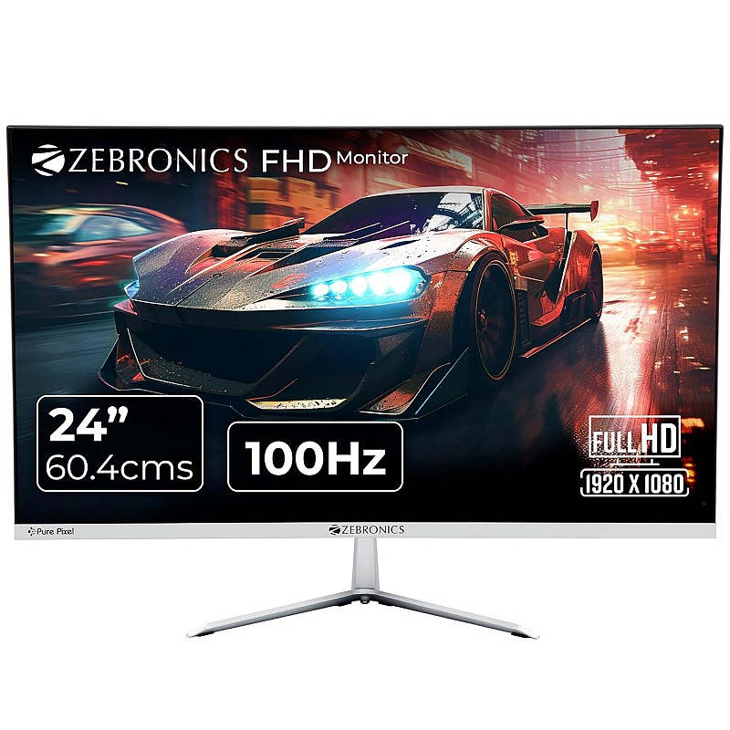 ZEBRONICS A24FHD LED Monitor, 24 inch (60.96cm), 250 nits, 100Hz, Slim Design, FHD, 1080p, Wall Mountable, HDMI, VGA, Ultra Slim Bezel, Metal stand, Built-in Speakers