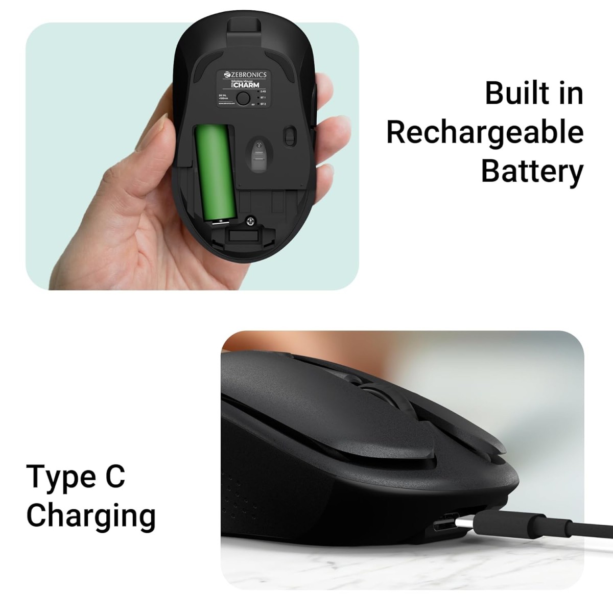 ZEBRONICS Charm Rechargeable Wireless Mouse, Dual Mode (2.4GHz + BT), Dual Bluetooth, Upto 1600 DPI, Silent Operation, 6 Buttons, Comfortable & Ergonomic, for Mac | Laptop | Computer (Metallic Black)