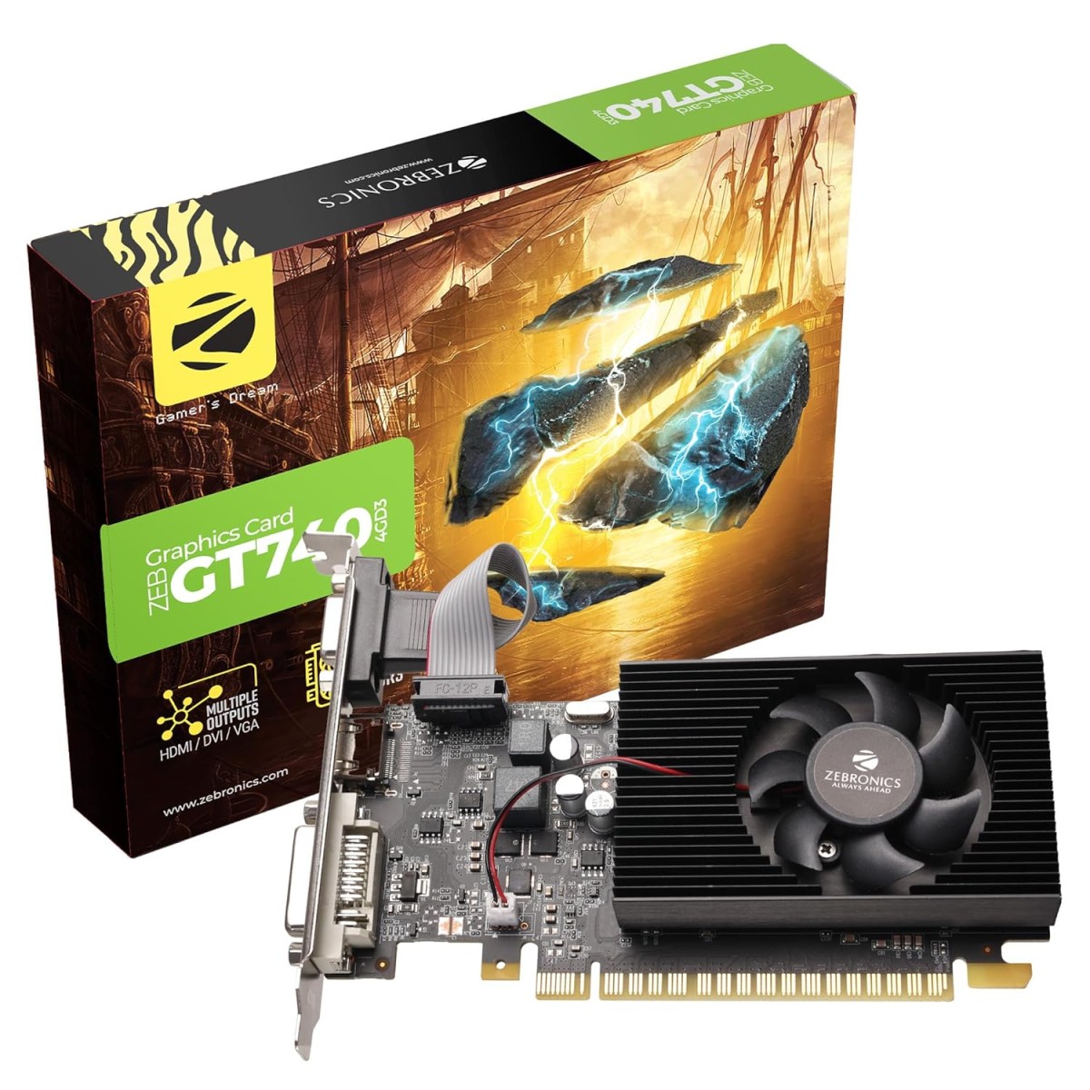 ZEBRONICS GT740-4GD3 Graphics Card,pci_e_x16 Powered by NVIDIA,4GB GDDR3,128-Bit,Pcie3.0,Upto 2560 X 1440 @60Hz,Multiple Outputs-HDMI | DVI | VGA,Physx Support,Heatsink with Fan,High Efficiency