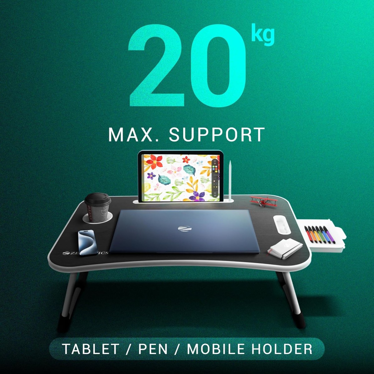 ZEBRONICS LAPDESK X3 – Foldable Laptop Study Bed Table, Tablet Dock, Pen & Cup Holder, Anti Slip Rubber Feet, Drawer for Storage