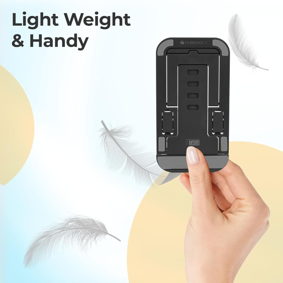 ZEBRONICS MS80 Mobile Holder with Adjustable Height, 10°- 50° Multiangle Adjustment, Foldable Design, Anti Skid Base, Matte Finish (Black)