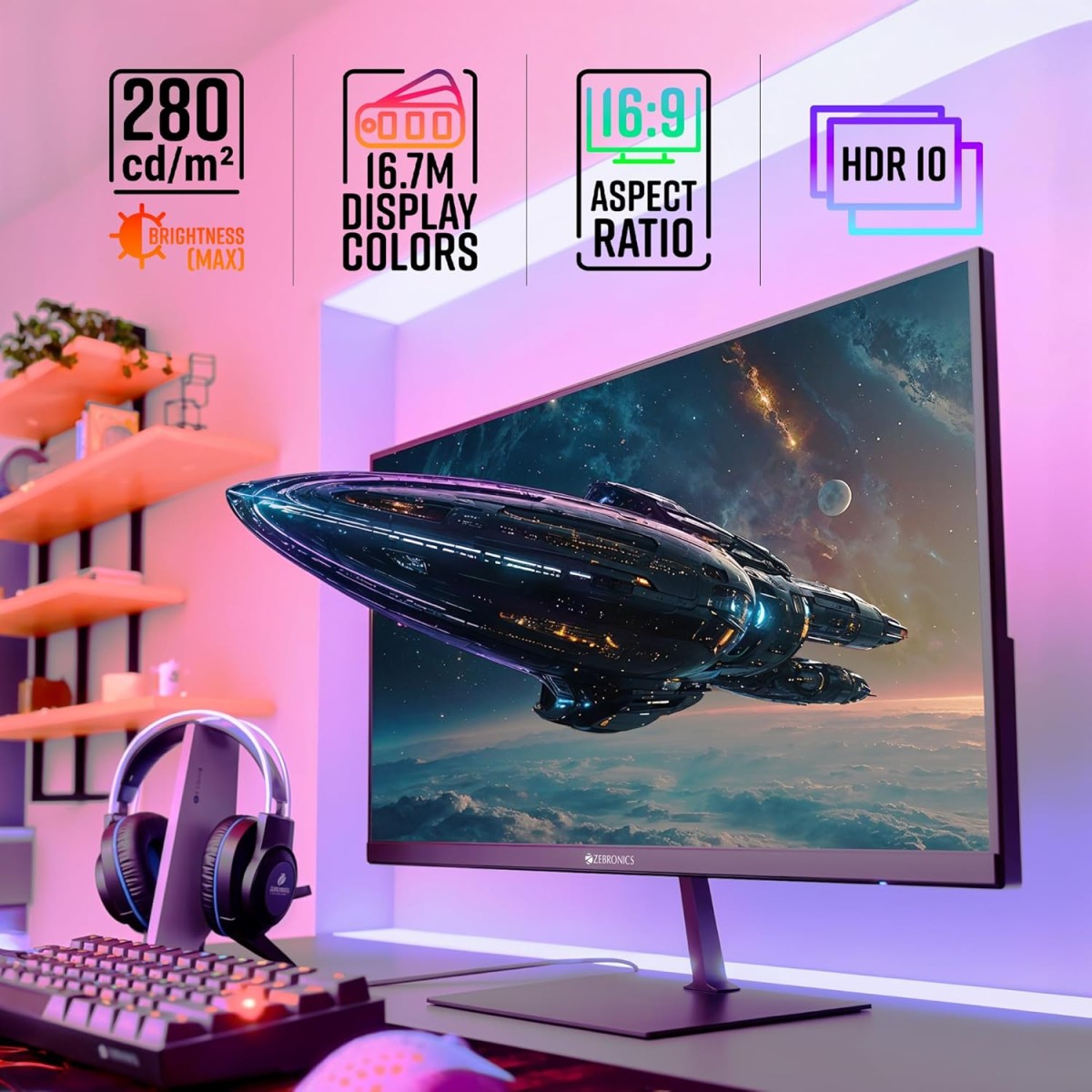 ZEBRONICS N24A 24"(60.4 cm) Gaming Monitor, FHD 1920x1080, IPS-Antiglare Display, 280Nits, 180Hz, 1ms MPRT, HDR10, 99% sRGB, Adaptive Sync, 1 x DP | 1 x HDMI | 1 x 3.5mm