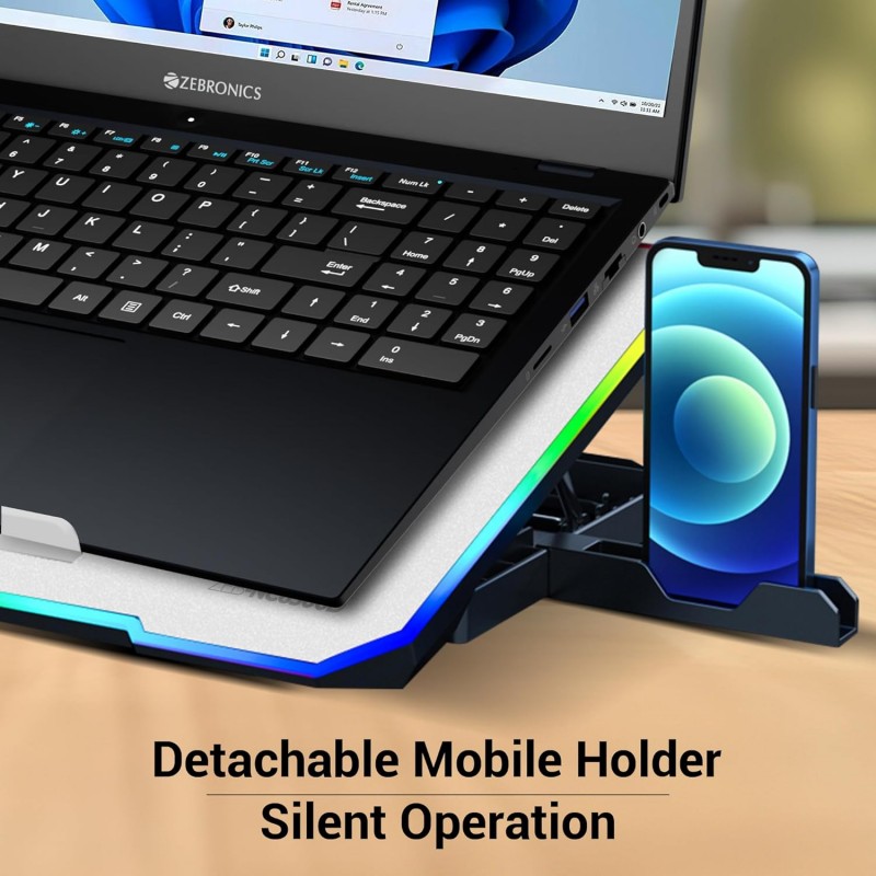 ZEBRONICS NC6500D Laptop Cooling Pad with Support up to 17 inch (43.18 cm) Laptops, Hexa Fans, Speed Control, RGB LED, Detachable Mobile Holder, 5 Step Retractable Stand, Built in USB Ports (Silver) ZEBRONICS NC6500D Laptop Cooling Pad with Support up to 17 inch (43.18 cm) Laptops, Hexa Fans, Speed Control, RGB LED, Detachable Mobile Holder, 5 Step Retractable Stand, Built in USB Ports (Silver)