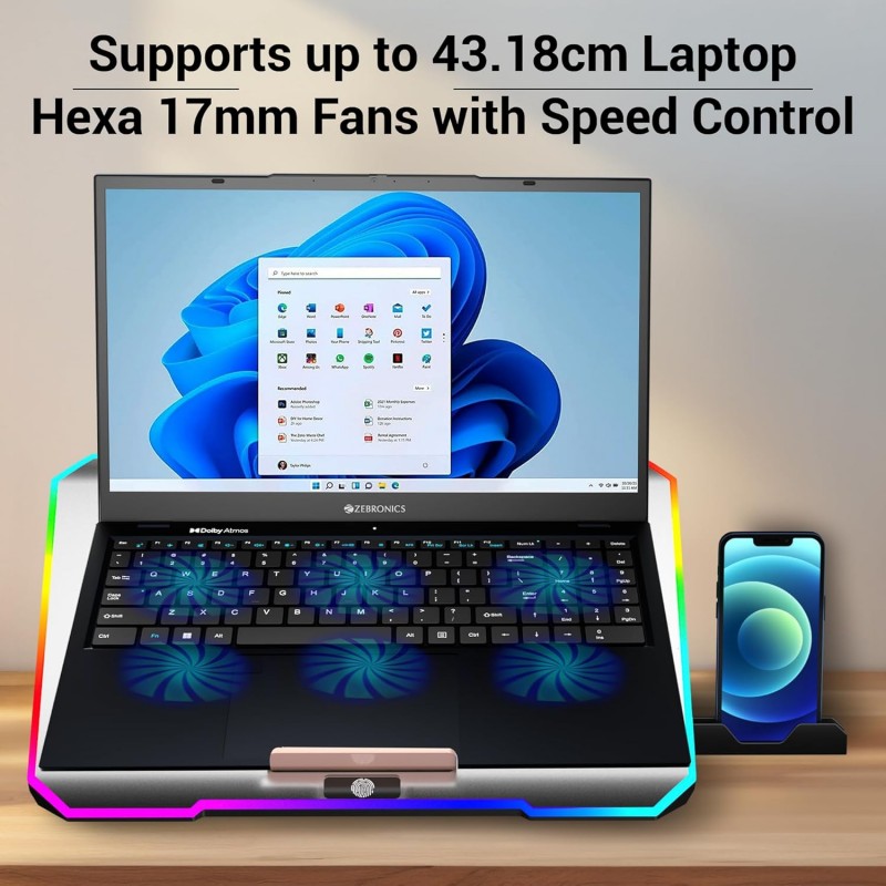 ZEBRONICS NC6500D Laptop Cooling Pad with Support up to 17 inch (43.18 cm) Laptops, Hexa Fans, Speed Control, RGB LED, Detachable Mobile Holder, 5 Step Retractable Stand, Built in USB Ports (Silver) ZEBRONICS NC6500D Laptop Cooling Pad with Support up to 17 inch (43.18 cm) Laptops, Hexa Fans, Speed Control, RGB LED, Detachable Mobile Holder, 5 Step Retractable Stand, Built in USB Ports (Silver)