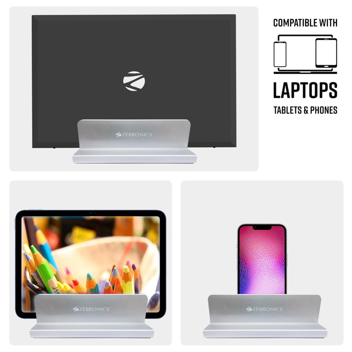 ZEBRONICS NS2000V Vertical Laptop Stand, Devices up-to 2.5cm Thickness, Minimalist & Compact, Matte Design, CNC Crafted Aluminum Body, Non-Slip Silicone Pads