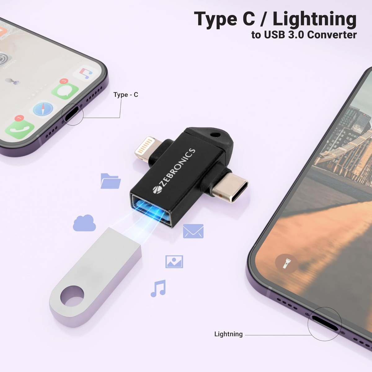 ZEBRONICS OTG2, 2 in 1 Lightning | Type C - USB OTG Converter, USB 3.0, Backward Compatible, Speeds Upto 5Gbps, Compatible with iPhone, iPad, Android, Laptop