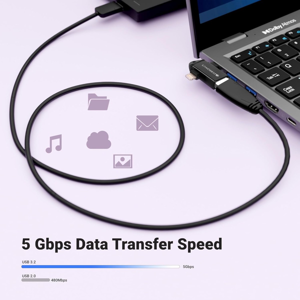 ZEBRONICS OTG2, 2 in 1 Lightning | Type C - USB OTG Converter, USB 3.0, Backward Compatible, Speeds Upto 5Gbps, Compatible with iPhone, iPad, Android, Laptop