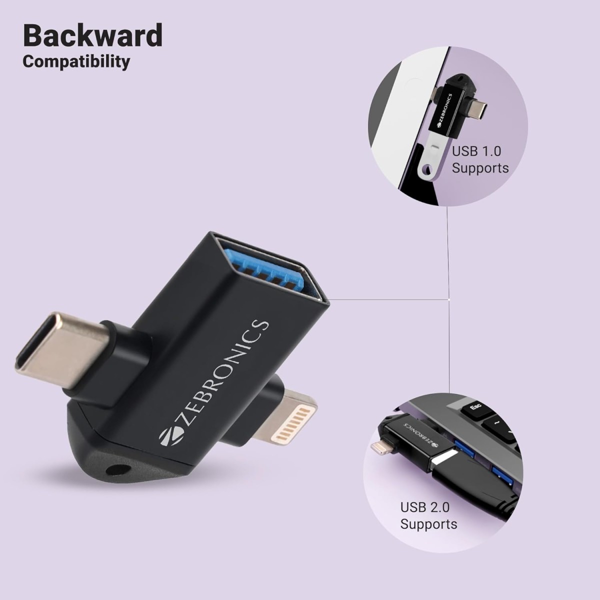 ZEBRONICS OTG2, 2 in 1 Lightning | Type C - USB OTG Converter, USB 3.0, Backward Compatible, Speeds Upto 5Gbps, Compatible with iPhone, iPad, Android, Laptop