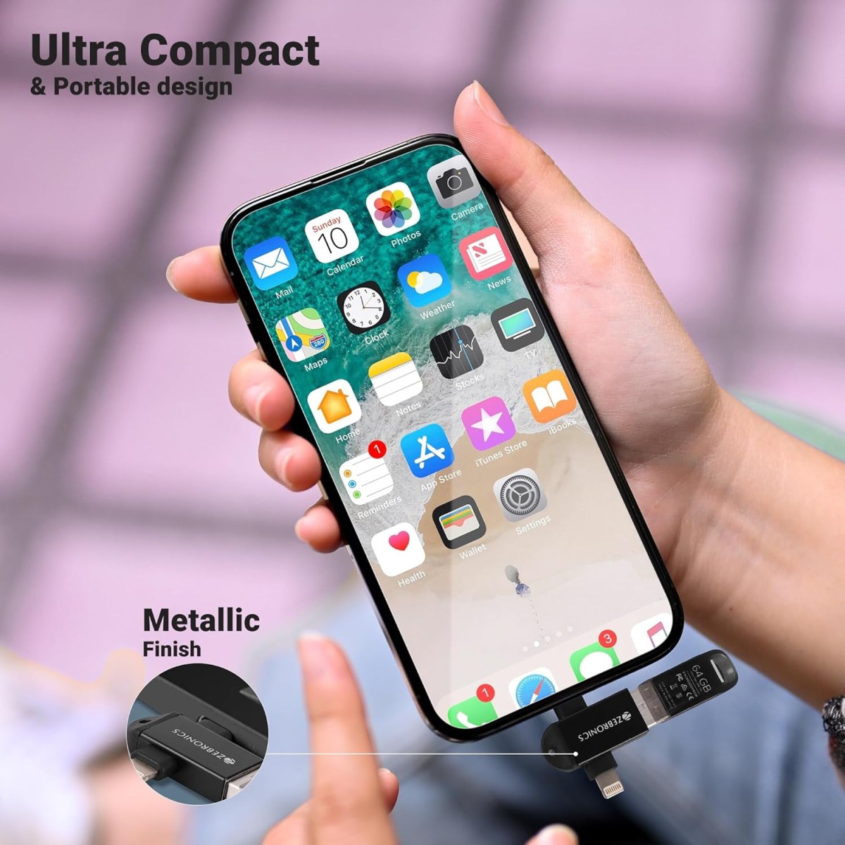 ZEBRONICS OTG2, 2 in 1 Lightning | Type C - USB OTG Converter, USB 3.0, Backward Compatible, Speeds Upto 5Gbps, Compatible with iPhone, iPad, Android, Laptop