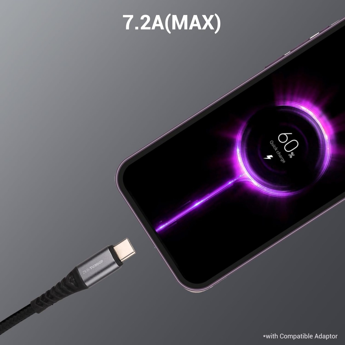 ZEBRONICS TU800P USB - Type C Braided Cable, 80 Watts, Rapid Charging, Charge & Sync, 1 Meter, Compatible with iPhone 15 | Samsung | OnePlus | Xiaomi | Realme | Oppo