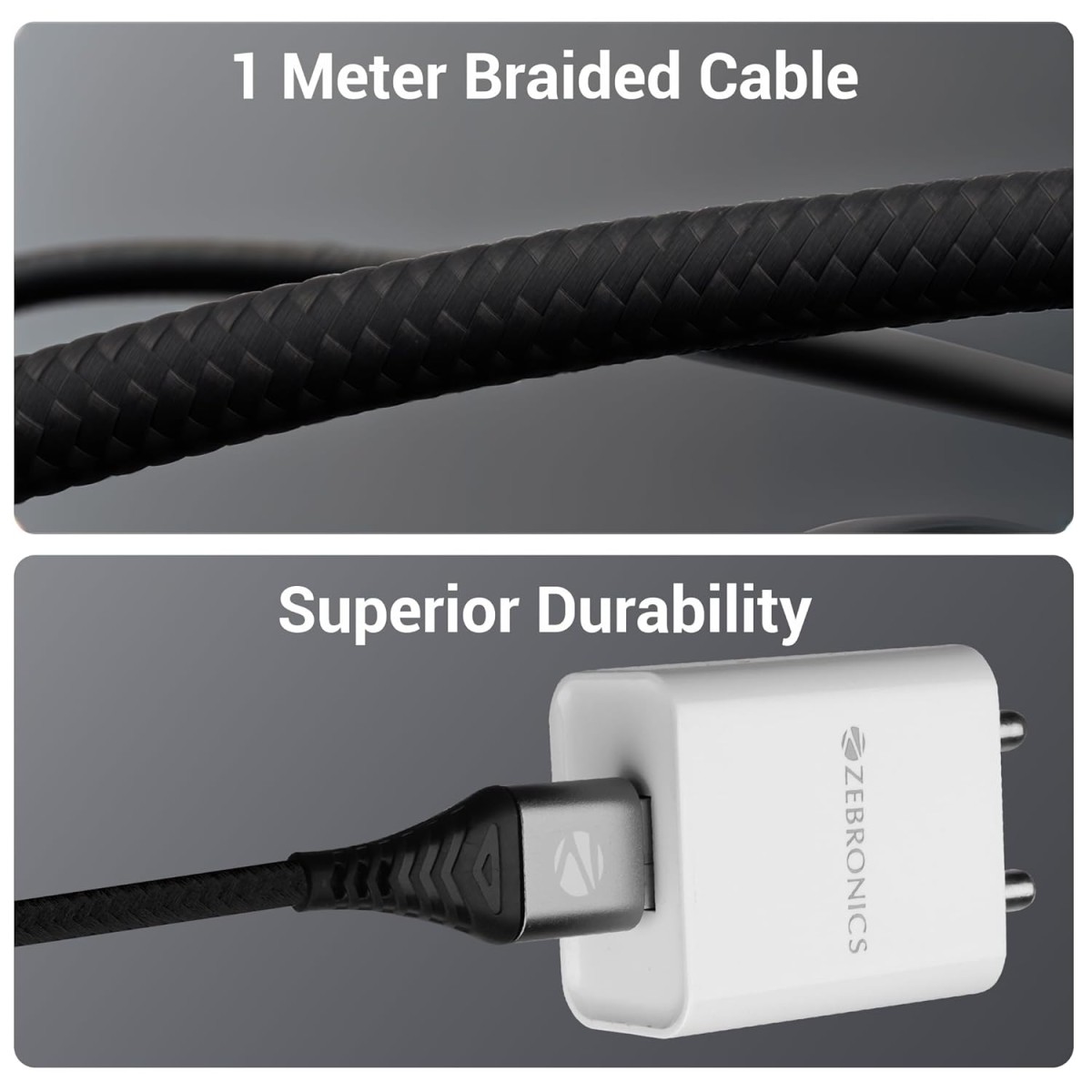 ZEBRONICS TU800P USB - Type C Braided Cable, 80 Watts, Rapid Charging, Charge & Sync, 1 Meter, Compatible with iPhone 15 | Samsung | OnePlus | Xiaomi | Realme | Oppo