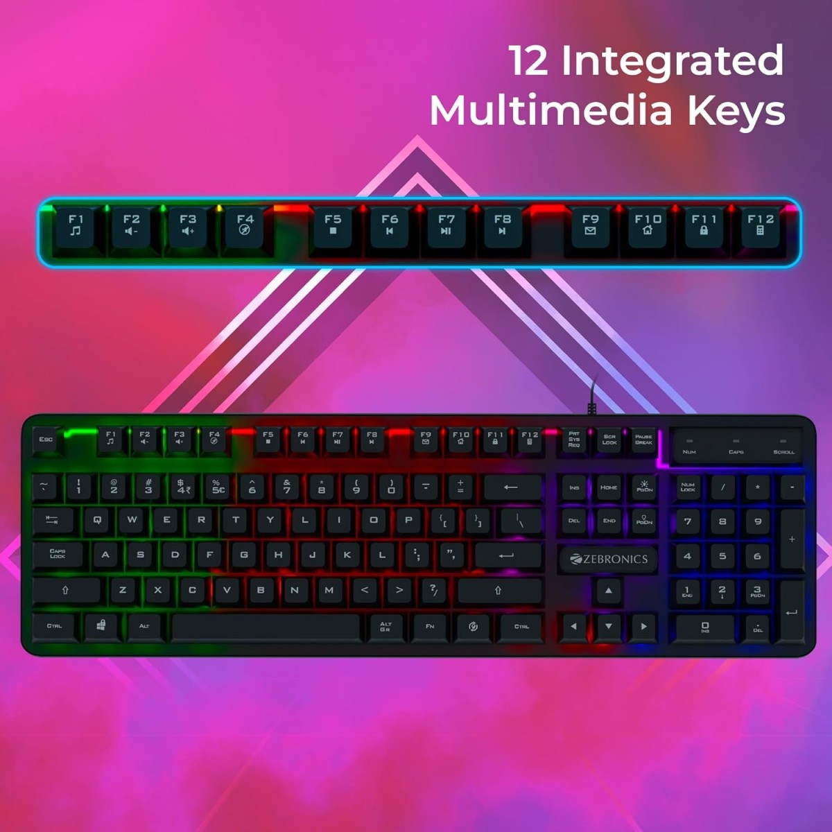 ZEBRONICS Transformer K1 Premium Gaming Keyboard with 104 Keys, 1.7m Cable, Laser Keycaps, Multi Color LED Modes, Integrated Multimedia Keys, All Keys Enable/Disable Function