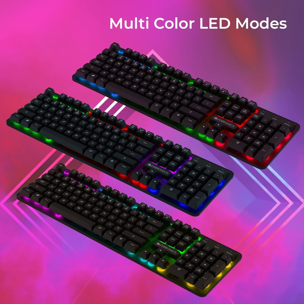 ZEBRONICS Transformer K1 Premium Gaming Keyboard with 104 Keys, 1.7m Cable, Laser Keycaps, Multi Color LED Modes, Integrated Multimedia Keys, All Keys Enable/Disable Function