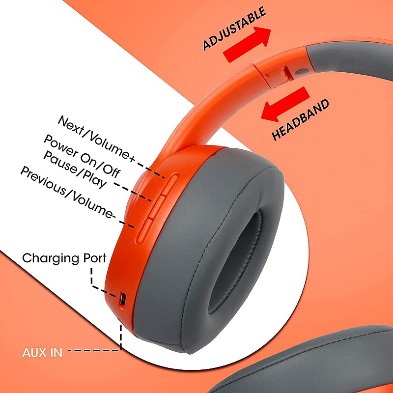 ZEBRONICS Zeb-DUKE1 Wireless  5.0  Headphone with   34Hrs* Battery Backup, Dual Pairing, Media & Volume Control h mic (Orange with Grey)