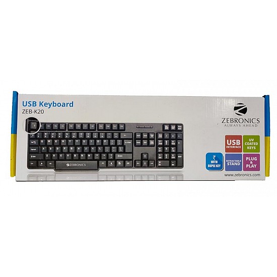 Zebronics USB Keyboard with Rupee Key, USB Interface and Retractable Stand K20