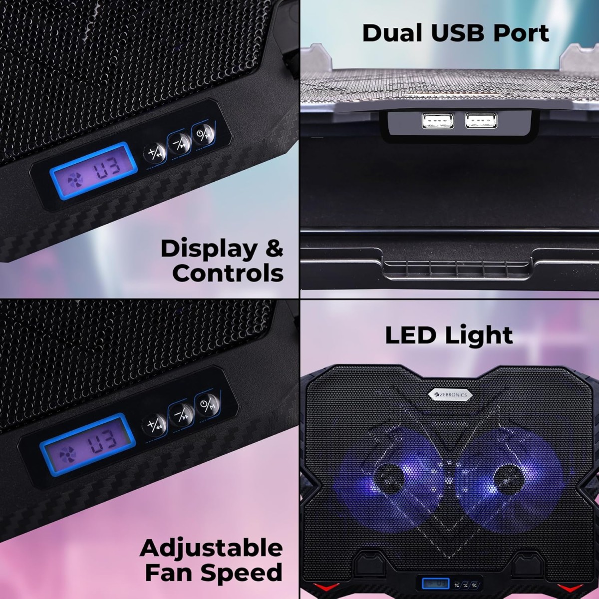 Zebronics NC5500D Powerful Laptop Cooler with Dual 125mm Fans, Silent Operation, Adjustable Fan Speed, Display, Controls, USB, 5 Step Retractable Stand and Mobile Holder