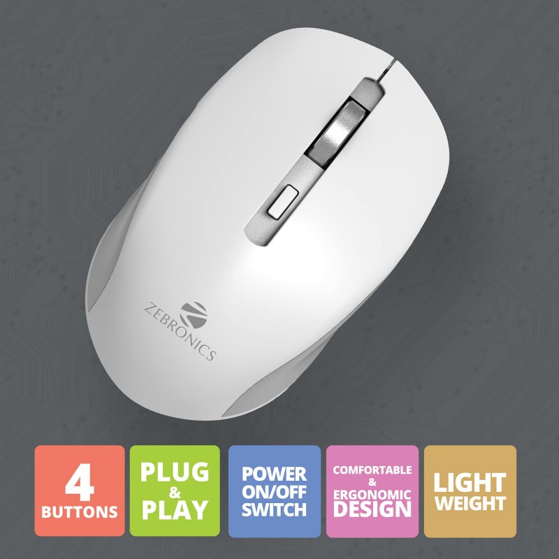 Zebronics Zeb-Jaguar Wireless Mouse, 2.4GHz with USB Nano Receiver,(White+Grey)