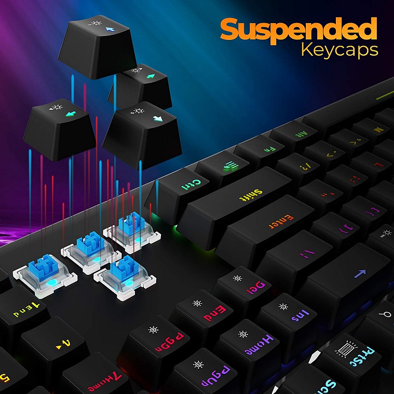 Zebronics Zeb-Max Pro Mechanical Gaming Full Size Keyboard, Suspended Keycaps, 18 RGB Light Modes (Gold Plated USB, Braided Cable)