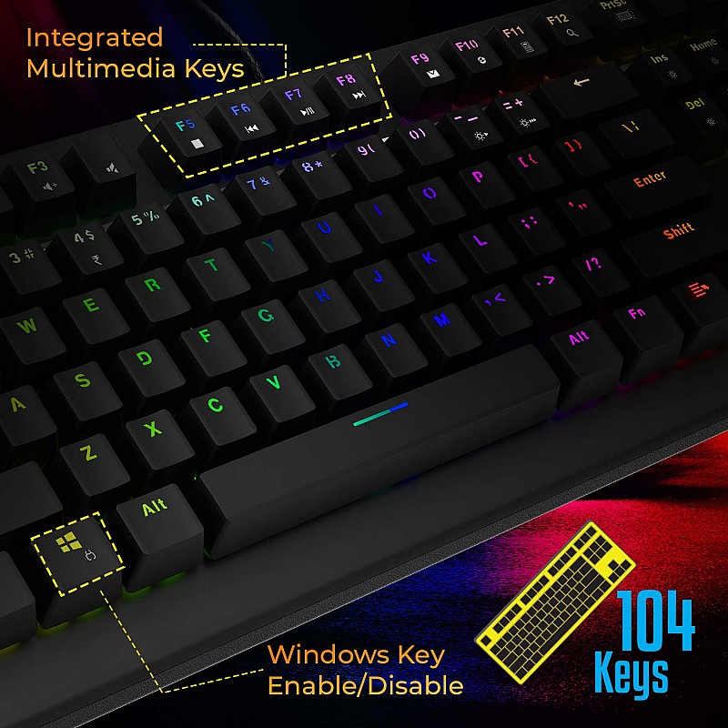 Zebronics Zeb-Max Pro Mechanical Gaming Full Size Keyboard, Suspended Keycaps, 18 RGB Light Modes (Gold Plated USB, Braided Cable)