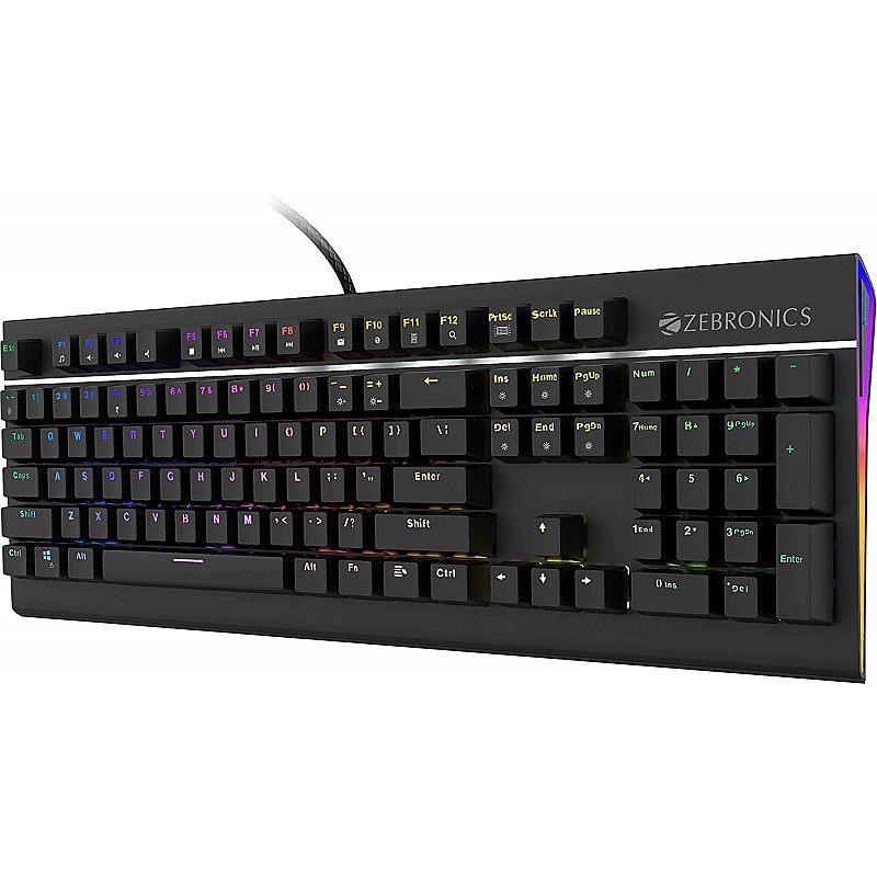 Zebronics Zeb-Max Pro Mechanical Gaming Full Size Keyboard, Suspended Keycaps, 18 RGB Light Modes (Gold Plated USB, Braided Cable)