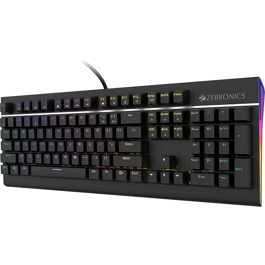 Zebronics Zeb-Max Pro Mechanical Gaming Full Size Keyboard, Suspended Keycaps, 18 RGB Light Modes (Gold Plated USB, Braided Cable)