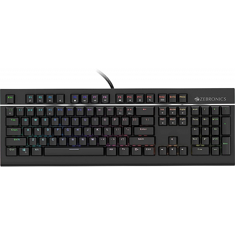 Zebronics Zeb-Max Pro Mechanical Gaming Full Size Keyboard, Suspended Keycaps, 18 RGB Light Modes (Gold Plated USB, Braided Cable)