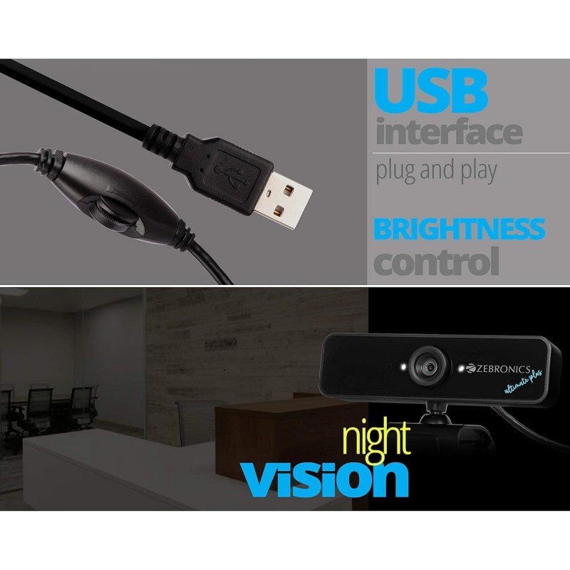 Zebronics Zeb-Ultimate Pro (Full HD) 1080p/30fps Webcam with 5P Lens, Built-in Mic, Auto White Balance, Night Vision, Manual Switch for LED (Black) Zebronics Zeb-Ultimate Pro (Full HD) 1080p/30fps Webcam with 5P Lens, Built-in Mic, Auto White Balance, Night Vision, Manual Switch for LED (Black)