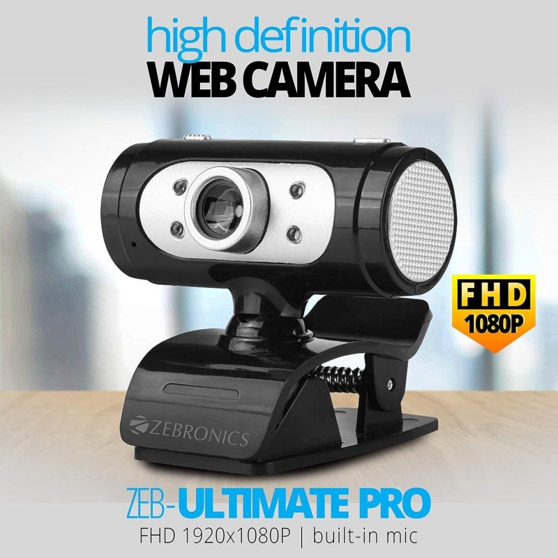 Zebronics Zeb-Ultimate Pro (Full HD) 1080p/30fps Webcam with 5P Lens, Built-in Mic, Auto White Balance, Night Vision, Manual Switch for LED (Black) Zebronics Zeb-Ultimate Pro (Full HD) 1080p/30fps Webcam with 5P Lens, Built-in Mic, Auto White Balance, Night Vision, Manual Switch for LED (Black)