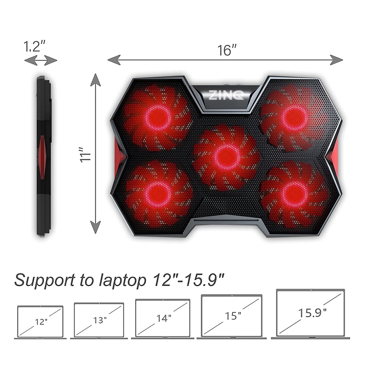 Zinq Technologies Five Fan Cooling Pad and Laptop Stand with Dual Height Adjustment and Dual USB Port Extension (Black) Zinq Technologies Five Fan Cooling Pad and Laptop Stand with Dual Height Adjustment and Dual USB Port Extension (Black)