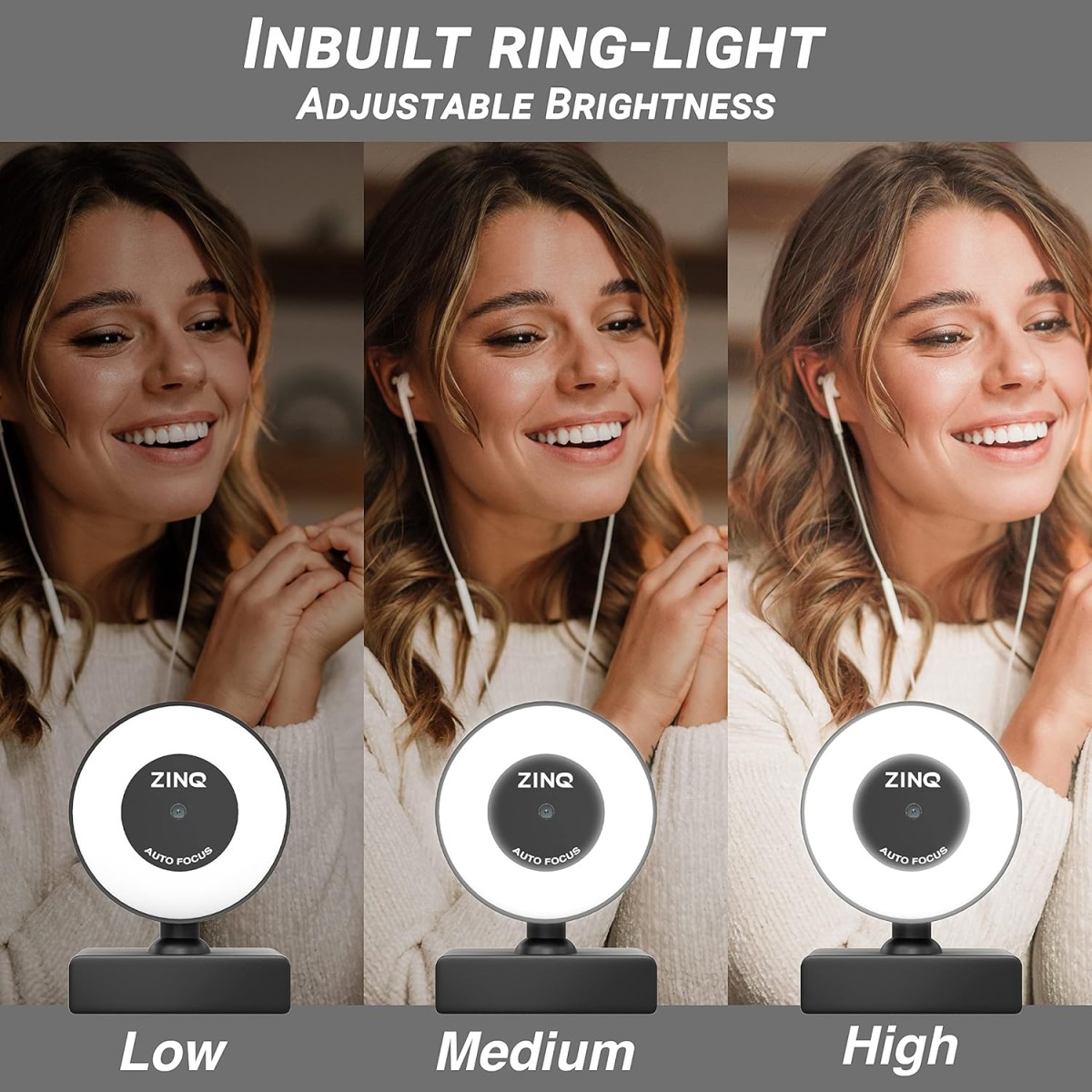 Zinq Technologies Full HD 1080P 2.1 Megapixel 30 FPS Auto Focus Webcam with Ring LED for Night Vision,