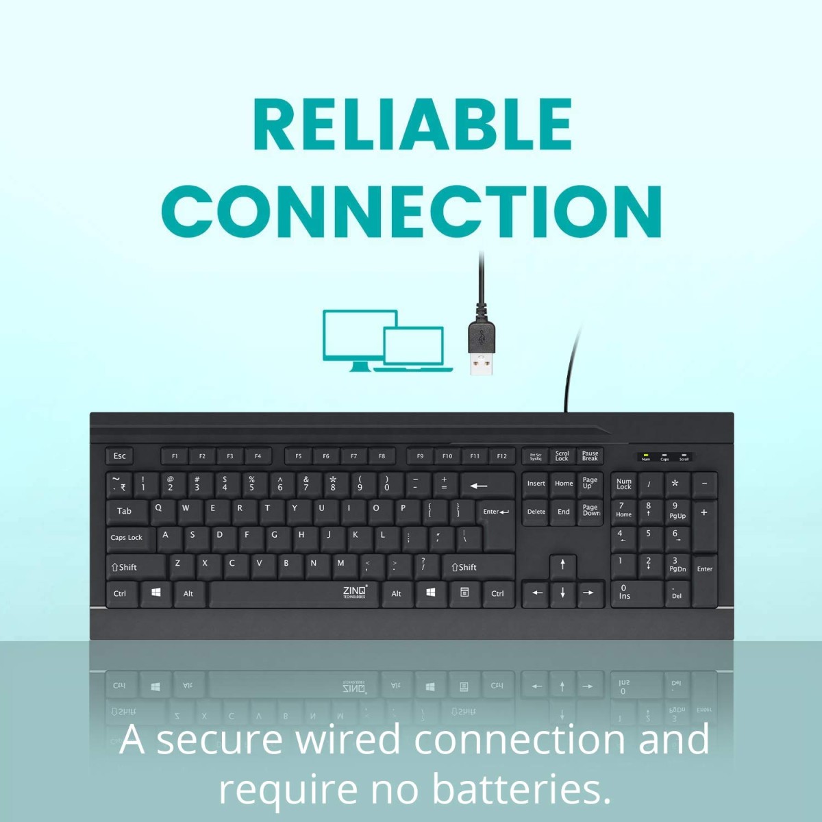 Zinq Technologies ZQ-1133 Full-Size Wired Keyboard with 104 Keys 3 LED Lights and 1.5m Cable Black