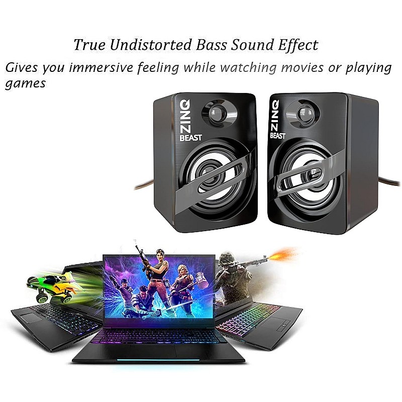 Zinq ZQS111-Beast Portable Laptop/Desktop USB 2.0 Powered Multimedia Speaker with AUX Input, deep bass, LED Lights (Black)