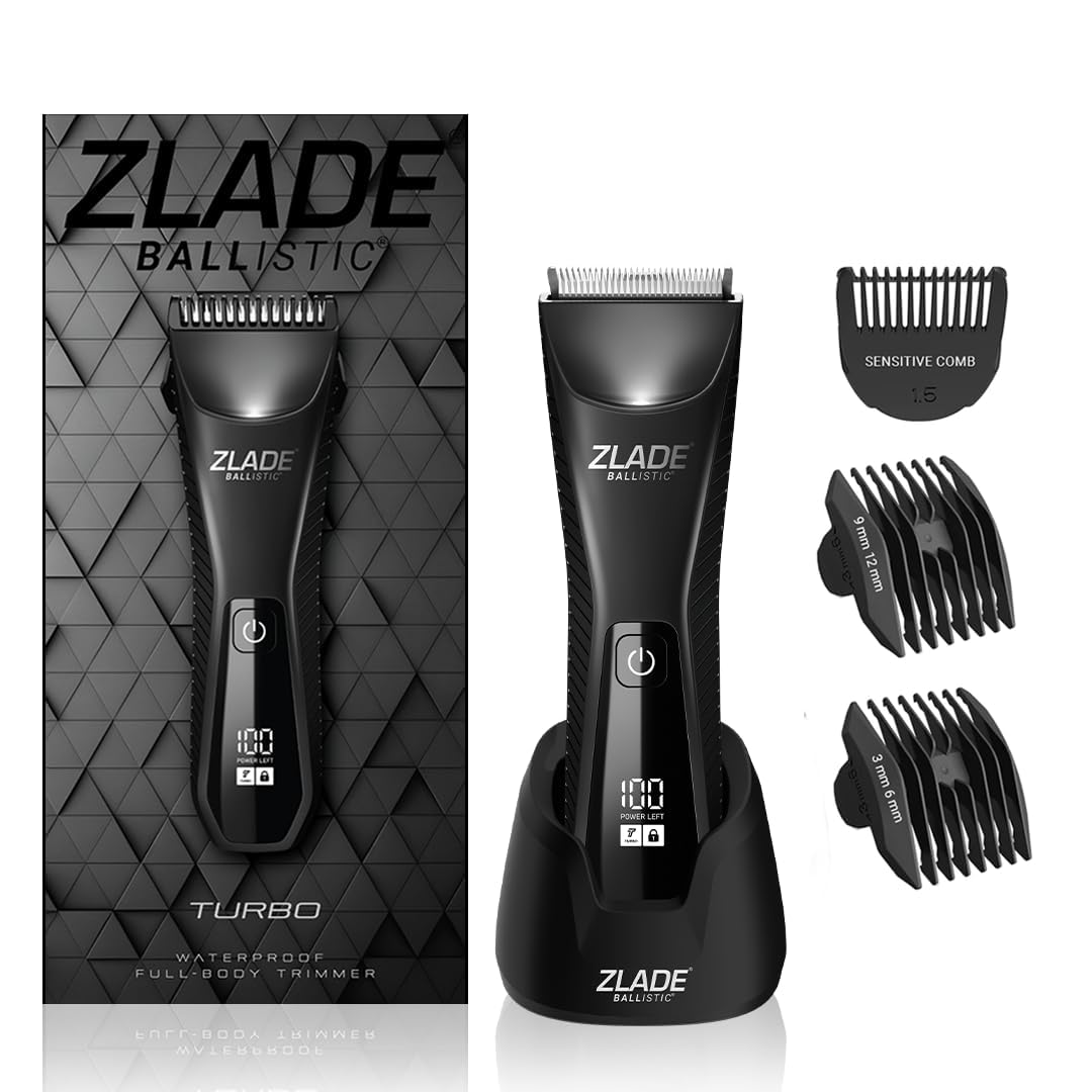 Zlade Ballistic TURBO 3.0 Full Body Manscaping Trimmer for Men | Body, Private Parts, Beard | IPX7 Waterproof | 90 Mins Runtime | 2 in 1 USB C or Wireless Charging Stand | Battery Indicator Display