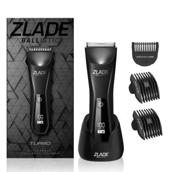 Zlade Ballistic TURBO 3.0 Full Body Manscaping Trimmer for Men | Body, Private Parts, Beard | IPX7 Waterproof | 90 Mins Runtime | 2 in 1 USB C or Wireless Charging Stand | Battery Indicator Display