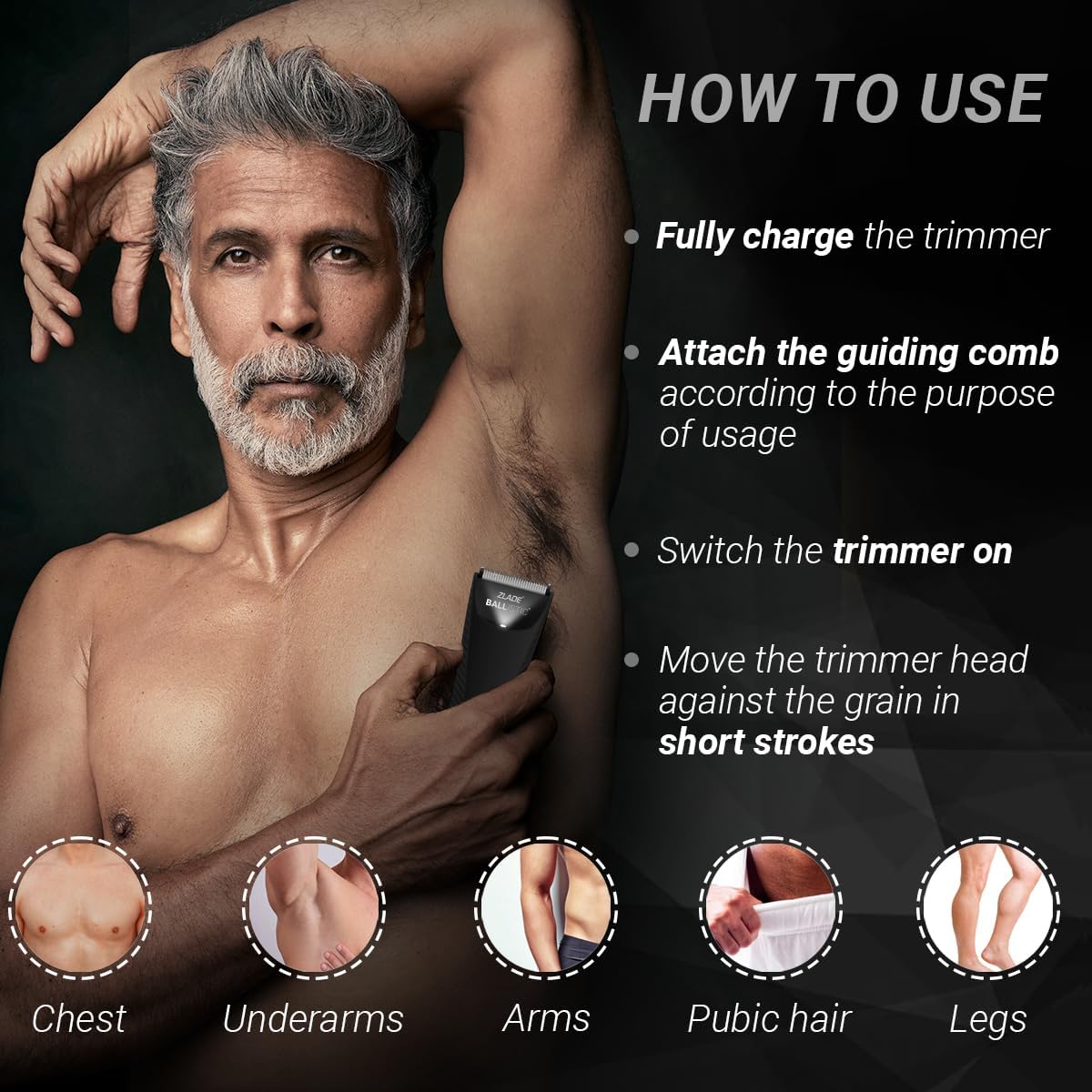 Zlade Ballistic TURBO 3.0 Full Body Manscaping Trimmer for Men | Body, Private Parts, Beard | IPX7 Waterproof | 90 Mins Runtime | 2 in 1 USB C or Wireless Charging Stand | Battery Indicator Display
