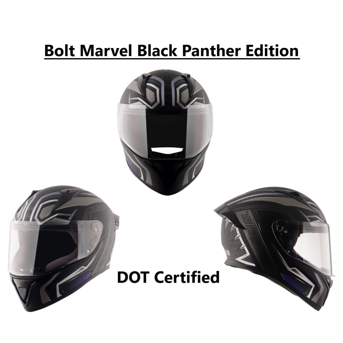 VEGA Bolt Marvel Black Panther Edition Motorbike Helmet (Black Silver)