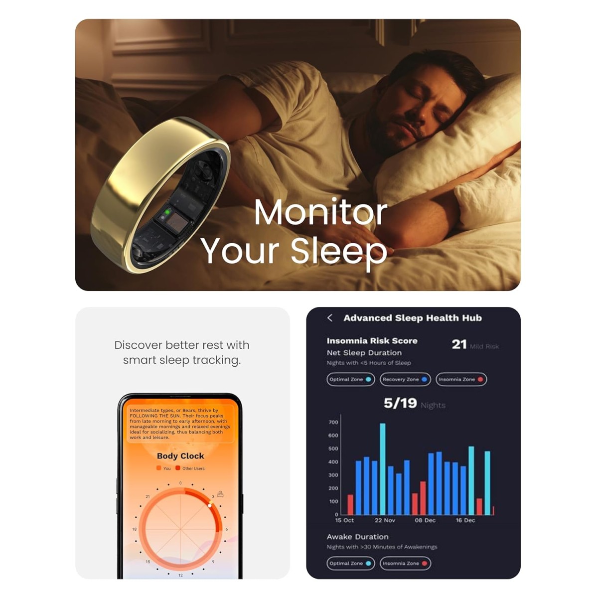 aabo Ring, Health & Fitness Tracker Smart Ring, Advanced Sleep Monitoring, Stress & Activity Tracking, Titanium, IP68 Waterproof (Wireless Charging, Gold, 11)