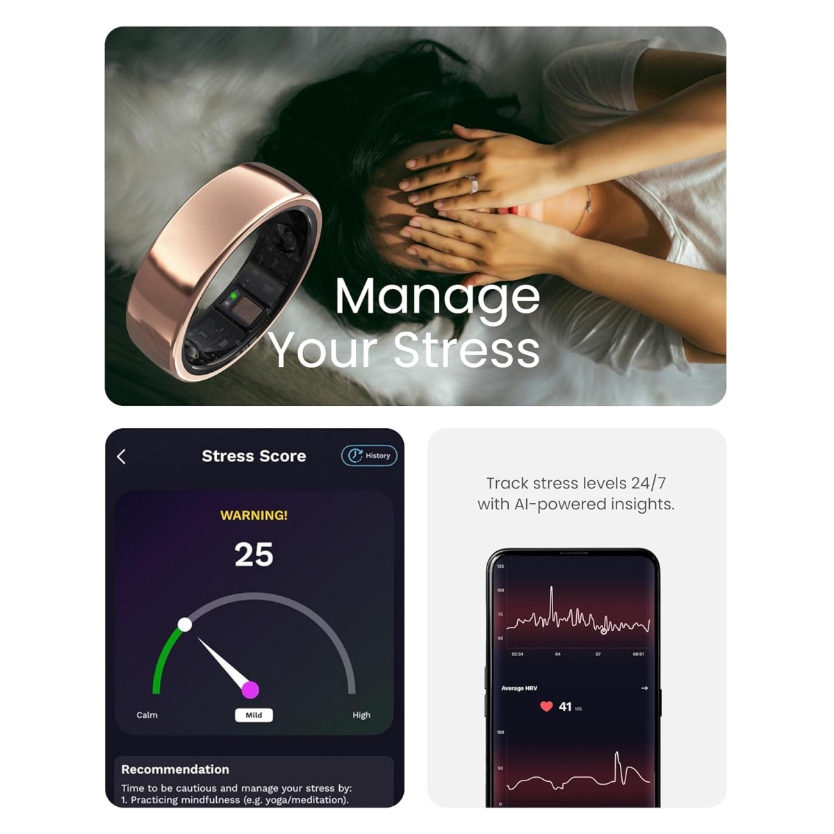 aabo Ring, Health & Fitness Tracker Smart Ring, Advanced Sleep Monitoring, Stress & Activity Tracking, Titanium, IP68 Waterproof (Wireless Charging, Gold, 11)