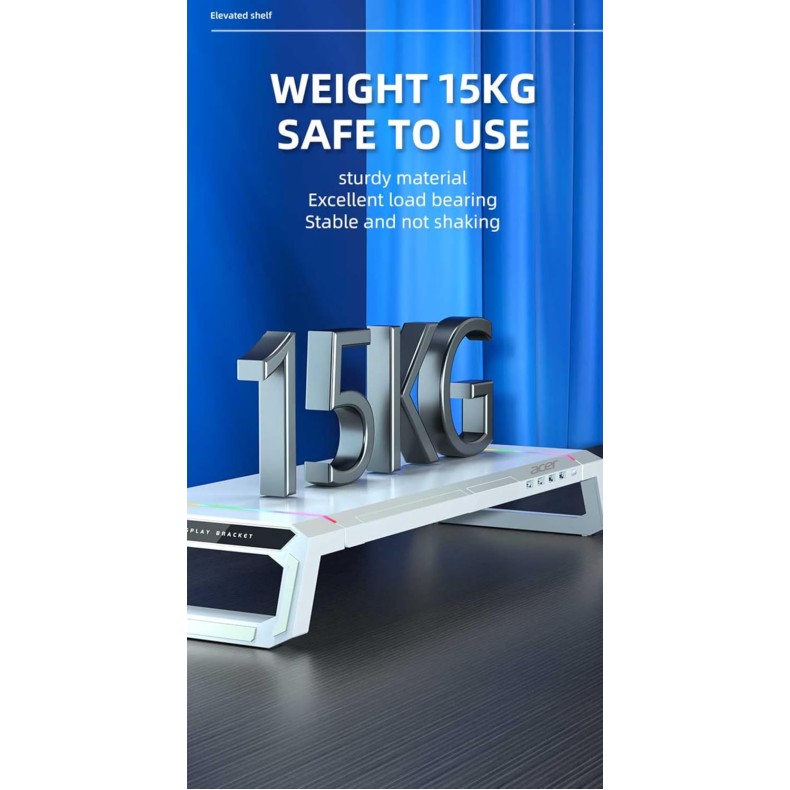 acer Ergo Multifunction Monitor & Laptop Stand Featuring RGB Lighting and a 4-Port USB Hub with Aluminum Multi Keyboard Storage Space Bar, Suitable for Both Office and Home Environments (White)