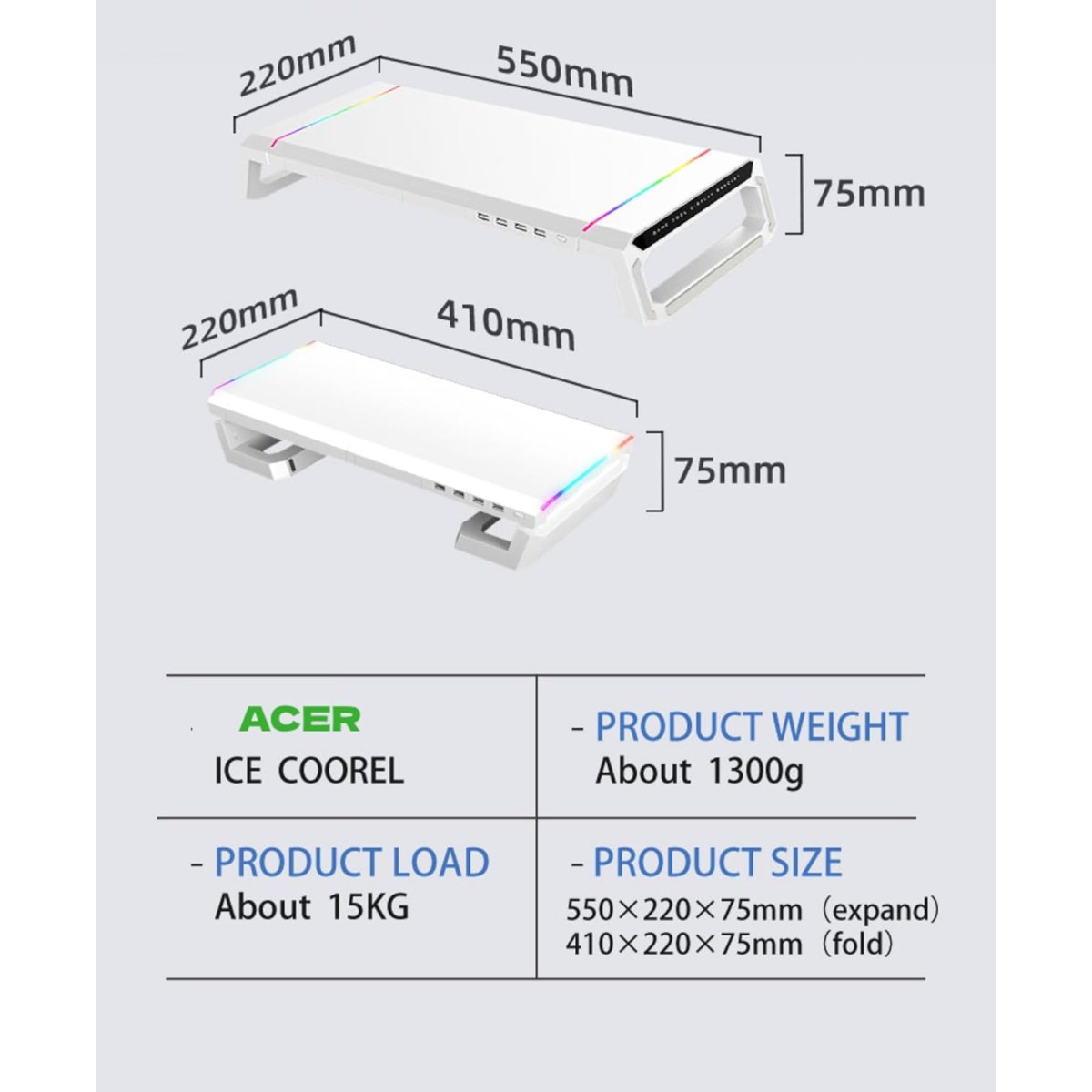 acer Ergo Multifunction Monitor & Laptop Stand Featuring RGB Lighting and a 4-Port USB Hub with Aluminum Multi Keyboard Storage Space Bar, Suitable for Both Office and Home Environments (White)